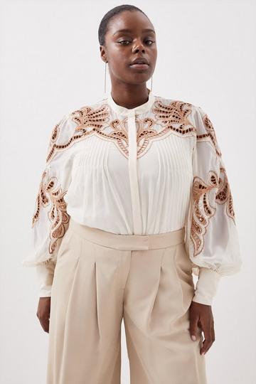 Plus Size Cutwork Embroidered Woven Blouse ivory