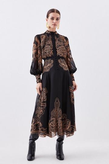 Petite Cutwork Beaded Embroidered Woven Maxi Dress black