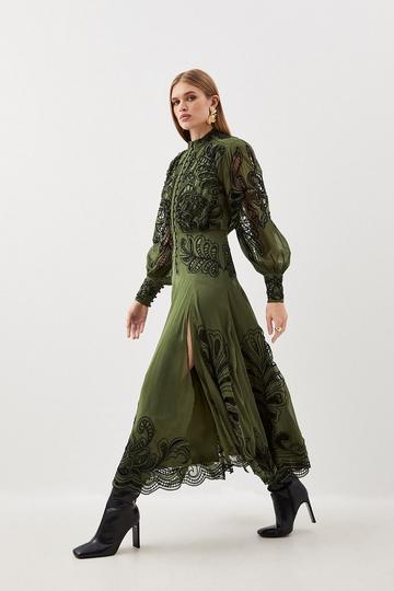 Tall Cutwork Beaded Embroidered Woven Maxi Dress khaki