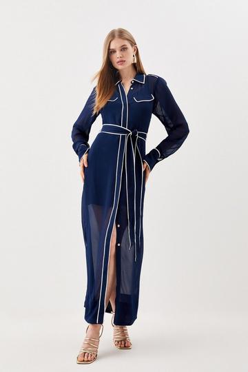 Navy Petite Viscose Woven Midi Shirt Dress