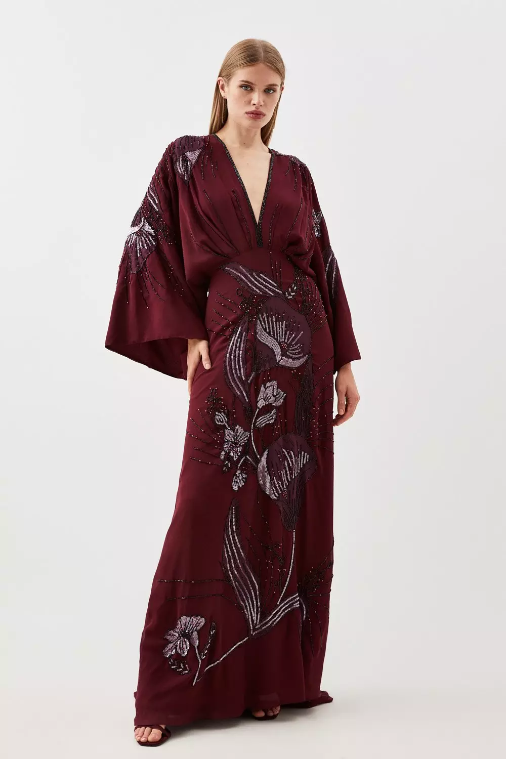 Plunge Embellished Woven Kimono Sleeve Maxi Dress | Karen Millen