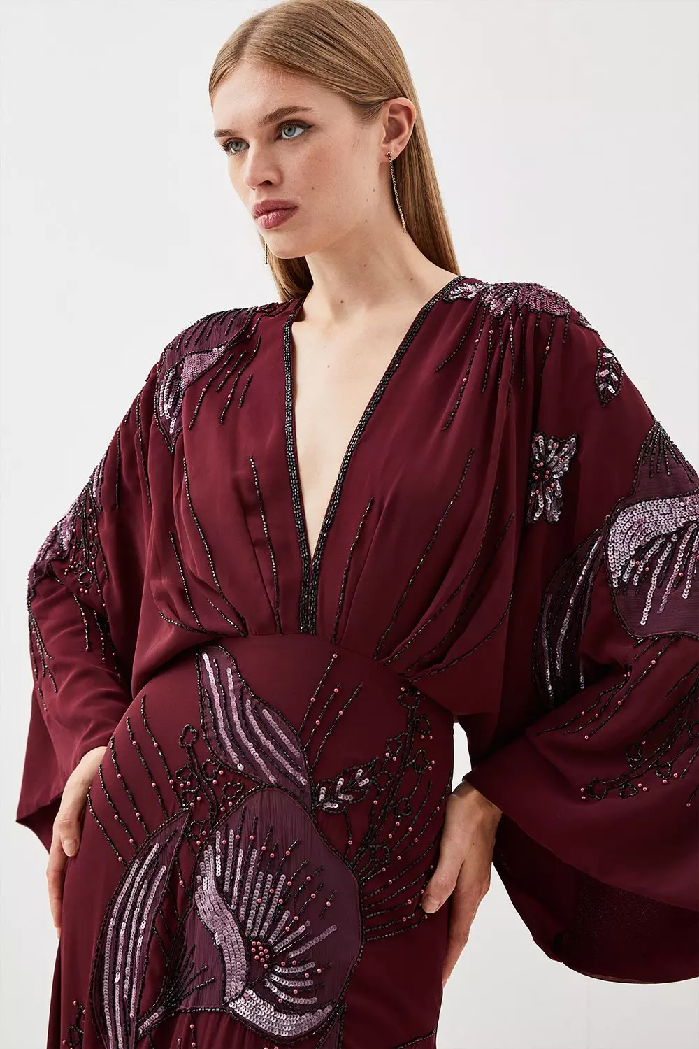 Plunge Embellished Woven Kimono Sleeve Maxi Dress | Karen Millen