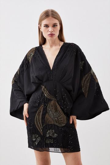 Plunge Embellished Woven Kimono Sleeve Mini Dress black