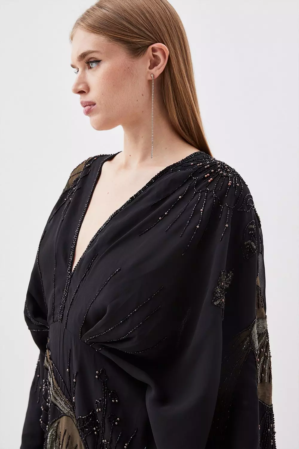 Plunge Embellished Woven Kimono Sleeve Mini Dress | Karen Millen