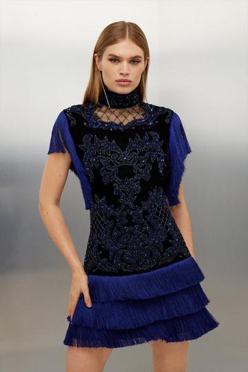 Blue Petite Velvet Baroque Fringe Woven Mini Dress