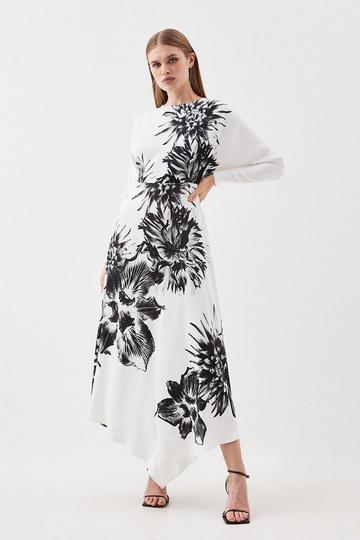 Satin Crepe Floral Long Sleeve Woven Maxi Dress mono