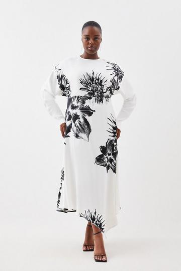 Plus Size Satin Crepe Floral Long Sleeve Midi Dress mono