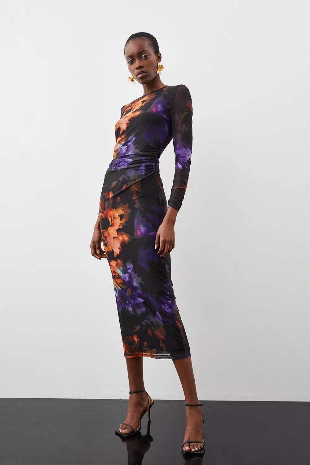 Floral Mesh Ruched Midaxi Dress | Karen Millen