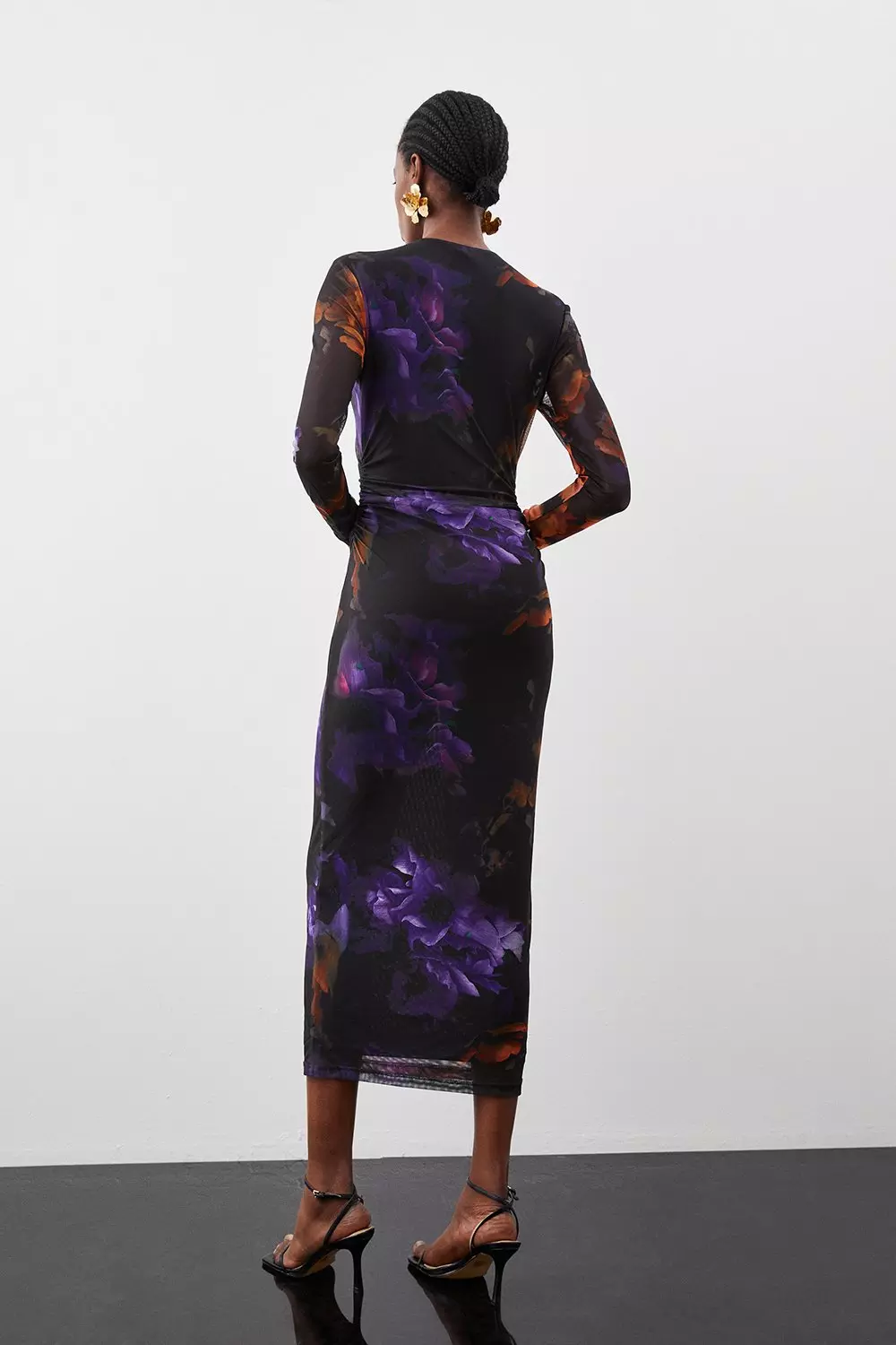 Floral Mesh Ruched Midaxi Dress