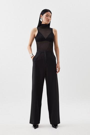 Black Compact Stretch Wide Leg Darted Tailored Trousers