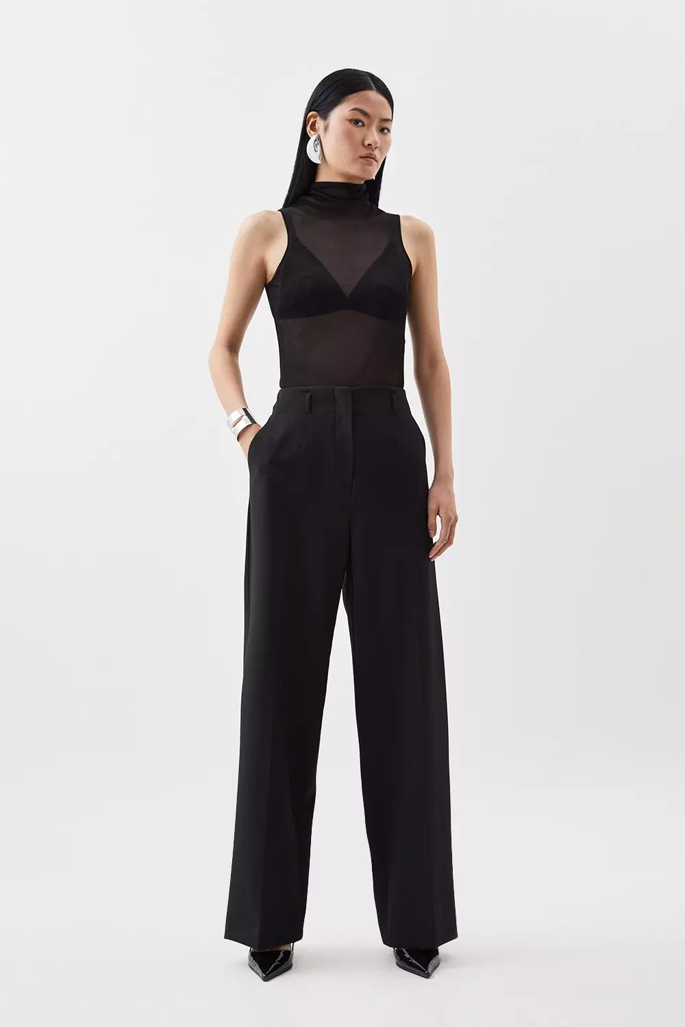 Compact Stretch Wide Leg Darted Tailored Trousers