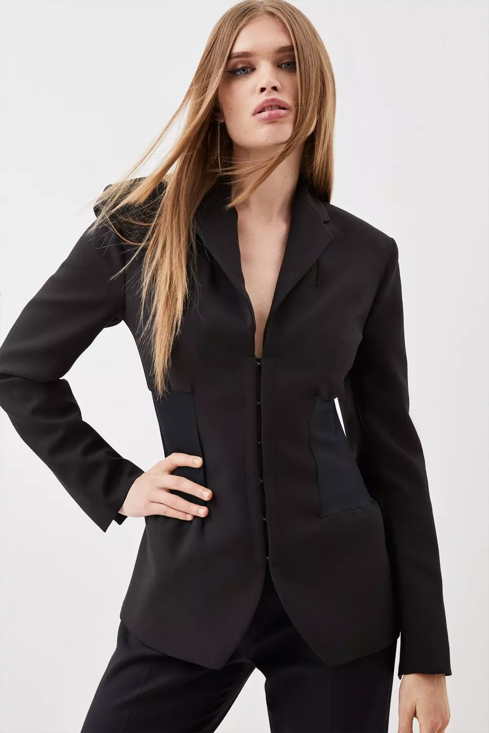 Compact Stretch Tailored Contrast Panel Detail Waist Blazer