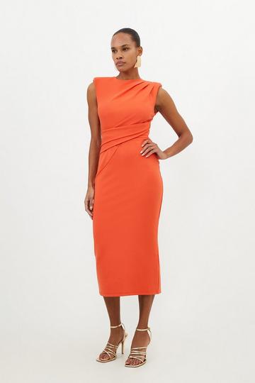 Orange Ponte Strong Shoulder Drape Detail Midi Dress