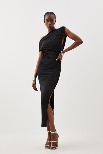 Black Jersey Crepe Asymetric Neckline Maxi Dress
