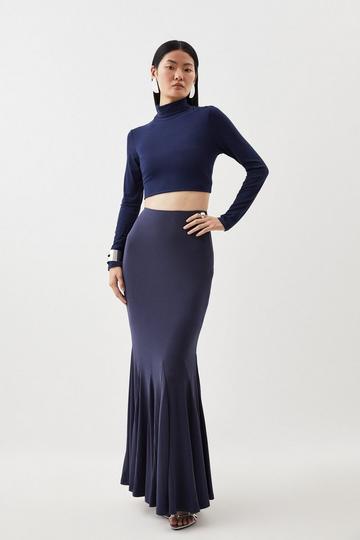 Navy Jersey Crepe Ruched Midi Skirt