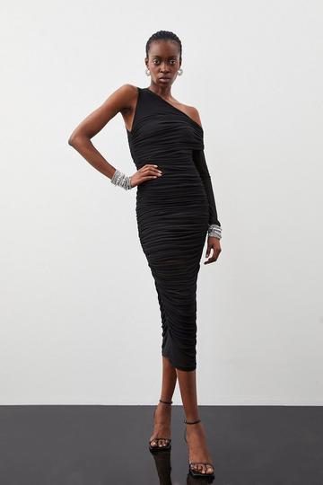 Black Ruched Mesh Asymetric Jersey Maxi Dress