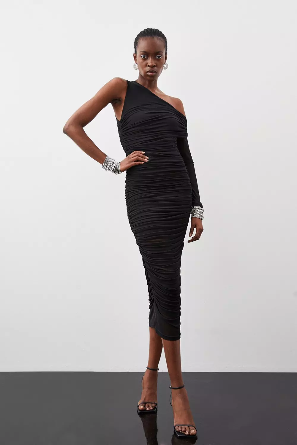 Ready And Ruched Mesh Midi Dress - Black