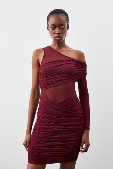 Ruched Mesh Asymetric Jersey Mini Dress cabernet