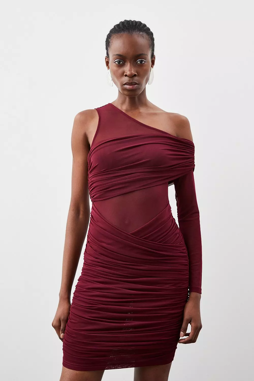 Ruched Mesh Asymetric Jersey Mini Dress