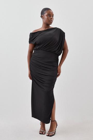 Plus Size Drapey Ruched Jersey Rosette Midi Dress