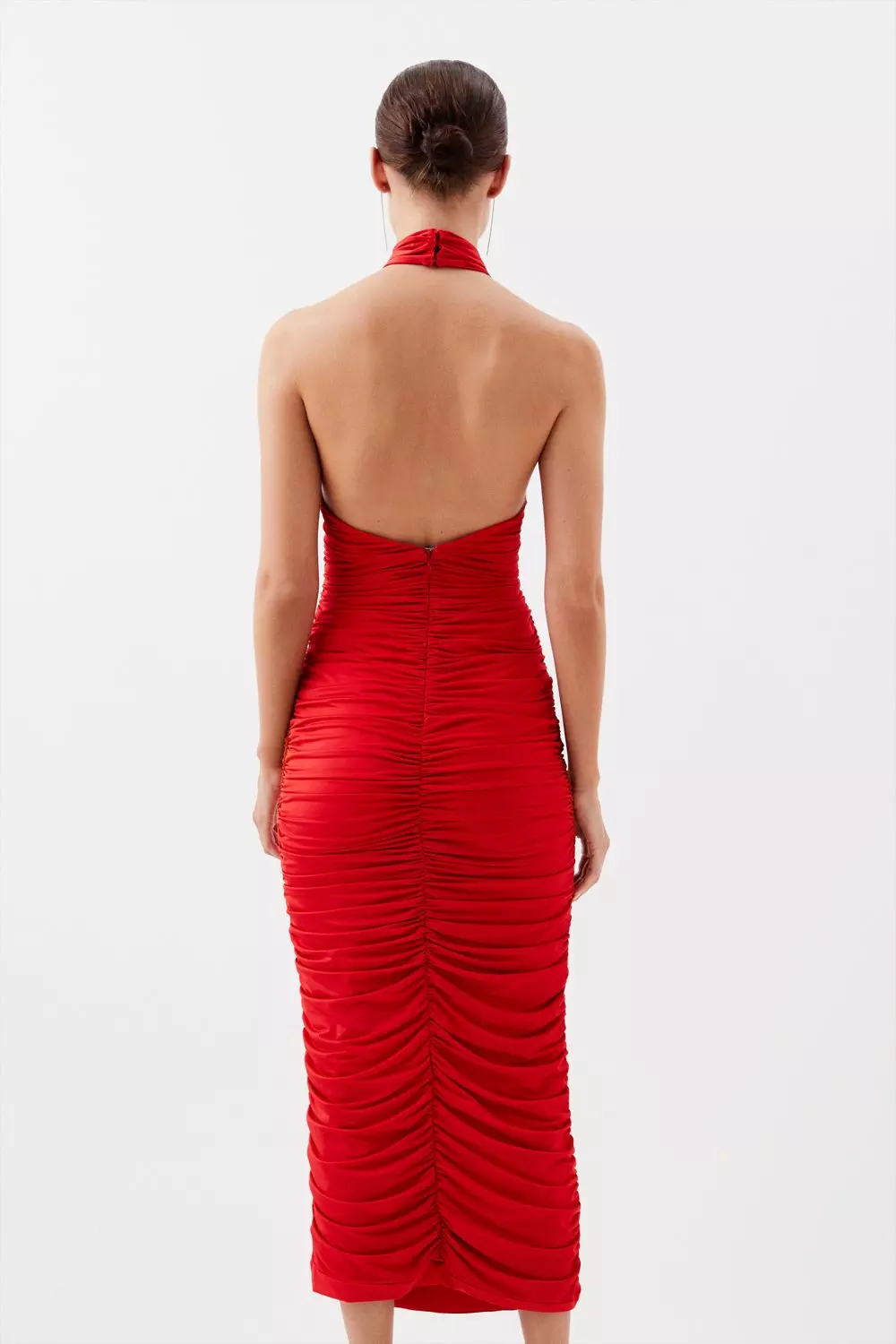 Ruched red midi clearance dress