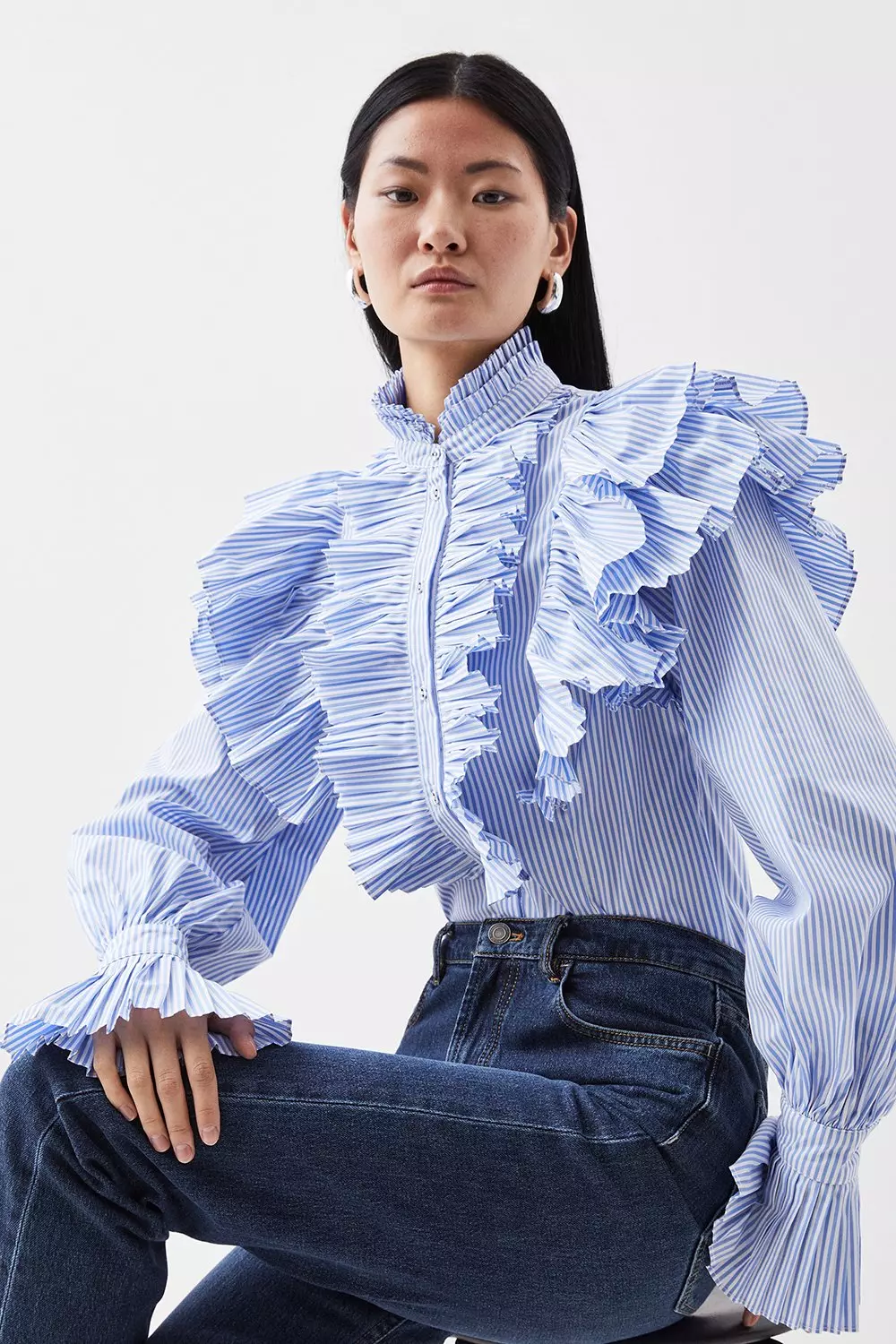 Pleated Striped Ruffle Woven Shirt | Karen Millen