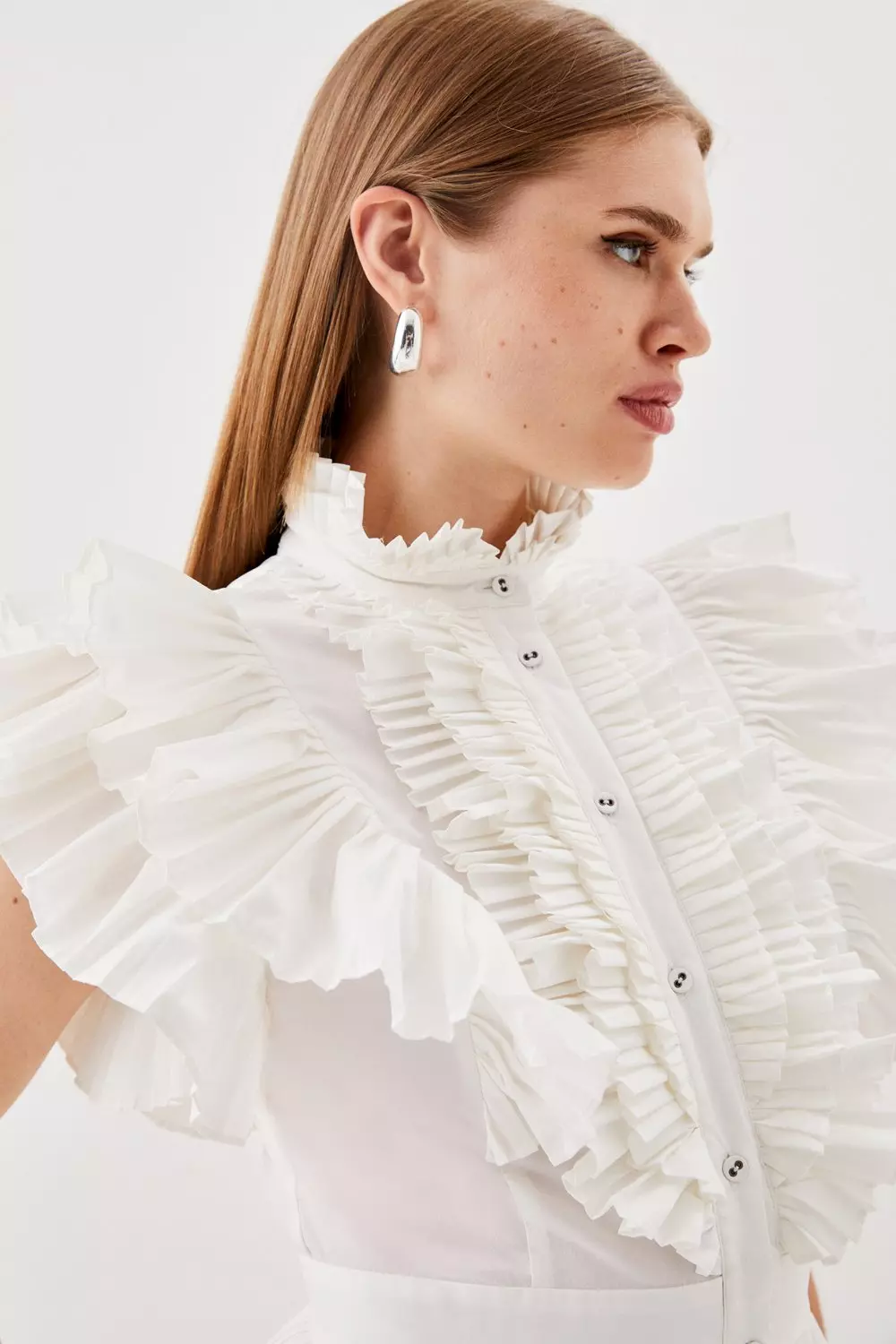 Women Lace Ruffle Collar Shirt Pleated Frill Sleeve Slim Blouse