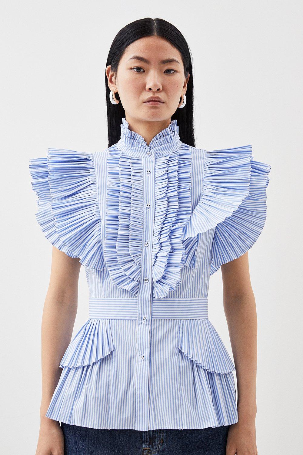 Cap Sleeved Pleated Ruffle Woven Shirt - Stripe