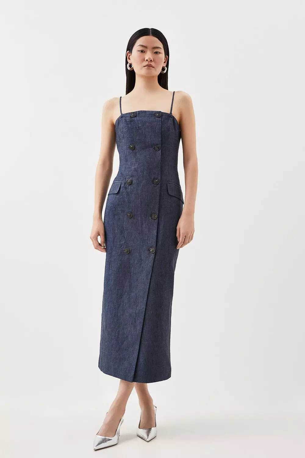 Indigo Linen Bandeau Tailored Pencil Dress