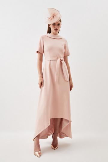 Blush Pink Compact Stretch Turtleneck Belted High Low Midi Dress
