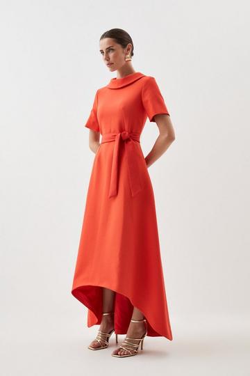 Red Compact Stretch Turtleneck Belted High Low Midi Dress