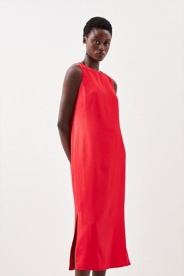 Red Viscose Satin Back Crepe Tailored Sleeveless Midi Column Dress