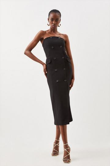 Compact Stretch Tailored Bandeau Double Breasted Midi Dress black