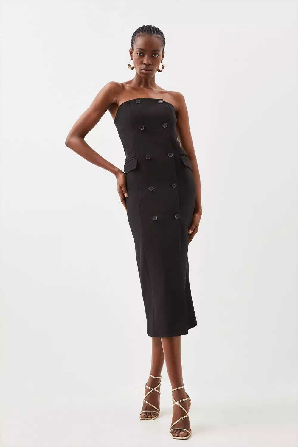 Compact Stretch Tailored Bandeau Double Breasted Midi Dress | Karen Millen