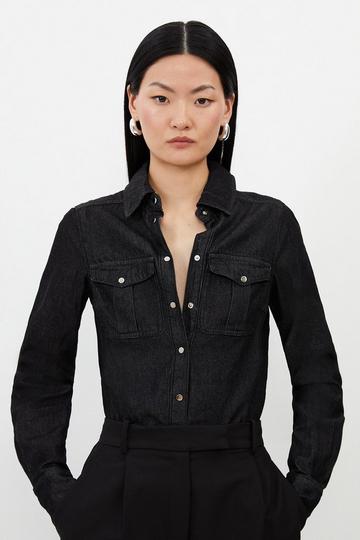 Denim Pocket Detail Relaxed Shirt black