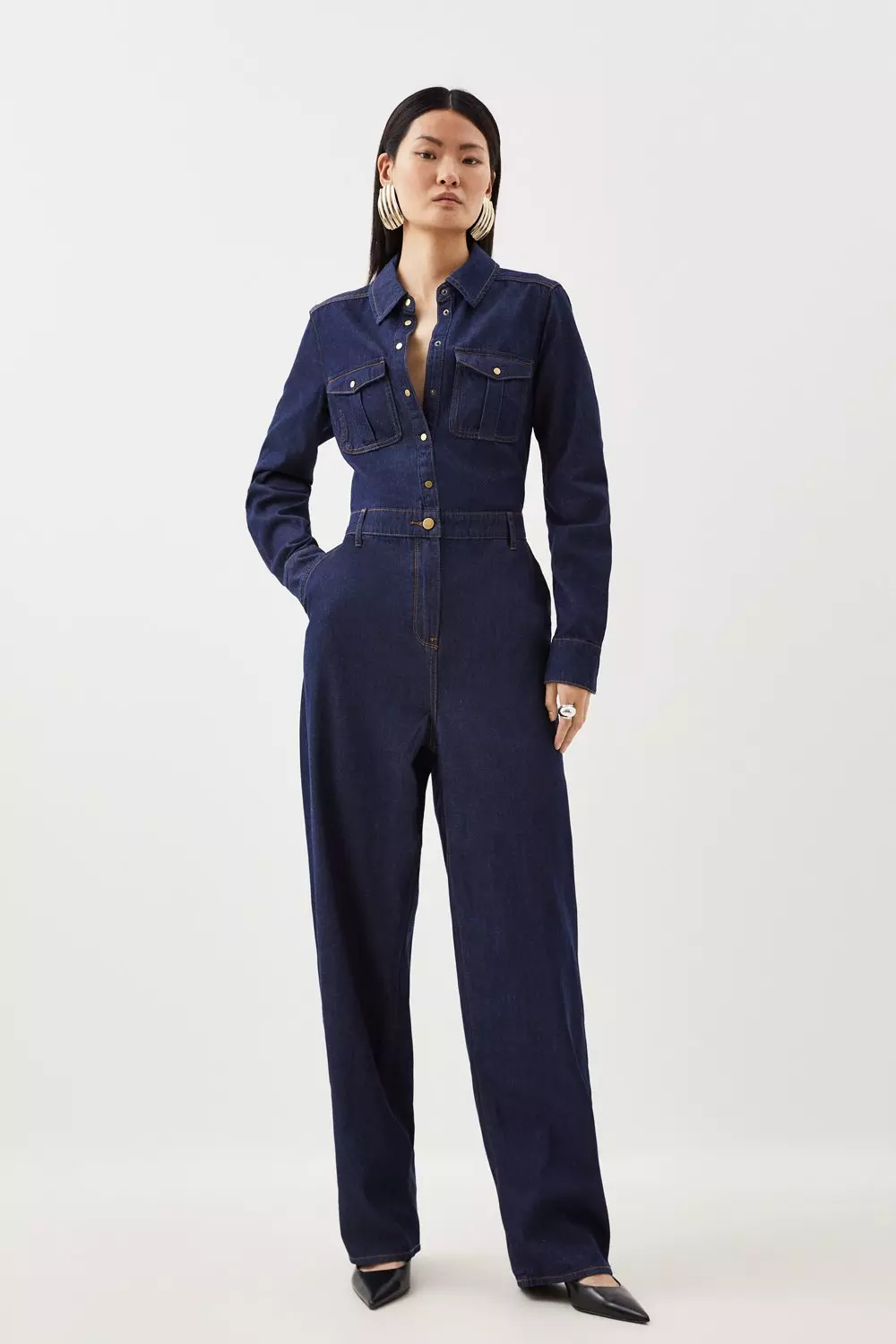 Denim long cheap sleeve jumpsuit