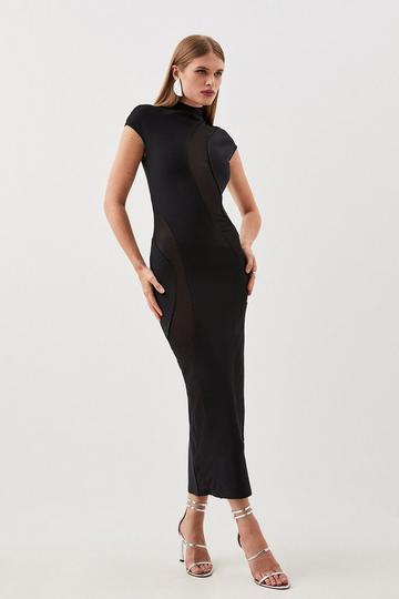Black Bandage Figure Form Mesh Detail Knit Maxi Dress