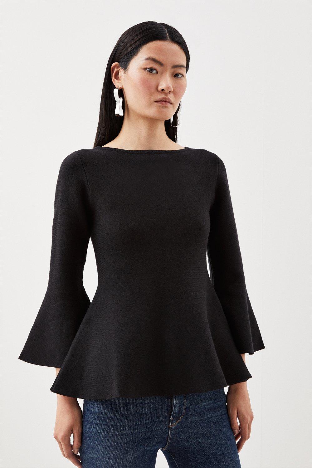 Compact Wool Look Knit Bell Sleeve Top | Karen Millen