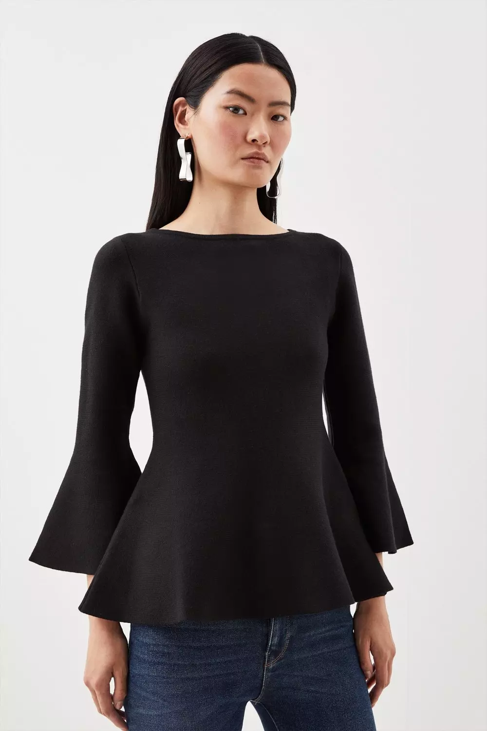 Compact Wool Look Knit Bell Sleeve Top | Karen Millen