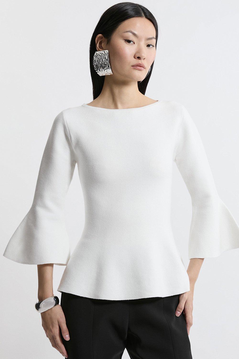 Compact Wool Look Knit Bell Sleeve Top - Cream