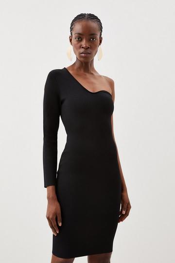 Black Viscose Blend Body Contouring One Shoulder Knit Pencil Dress