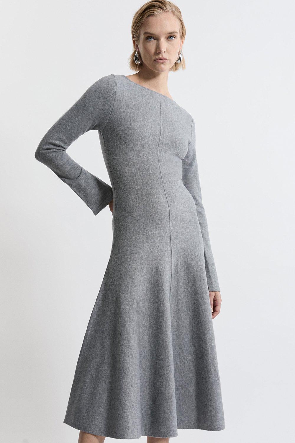 Lydia Millen Compact Knit Wool Look Full Skirt Midi Dress - Grey Marl