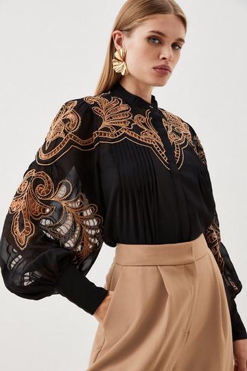Cutwork Beaded Embroidered Woven Blouse black
