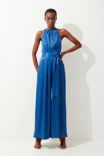 2021 Royal Blue Satin Jumpsuit Formal Jumpsuits For Prom With High Neck And  Long Sleeves Perfect For Evening Parties And Cocktail Events From  Lindaxu90, $104.94