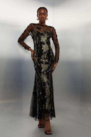 Petite Floral Applique Metallic Thread Woven Maxi Dress black
