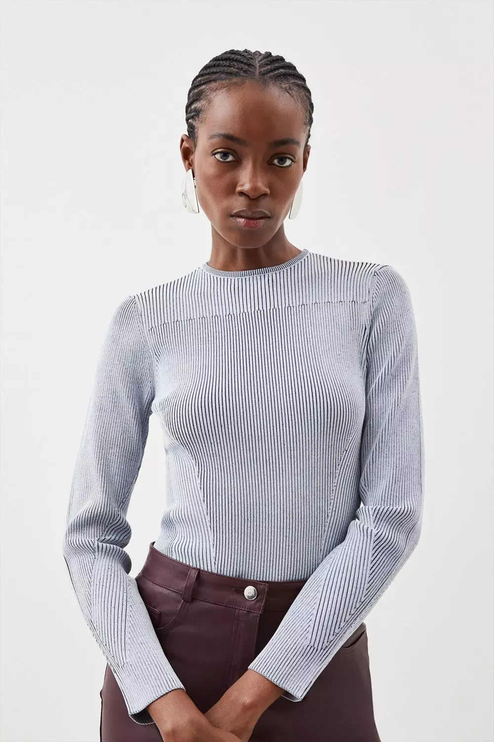 Viscose Blend Chambray Rib Knit Crew Neck Jumper