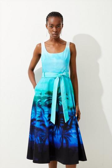 Blue Tailored Scenic Print Sleeveless Midi Dress