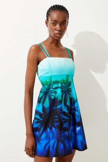 Blue Tailored Scenic Print Strappy Mini Dress
