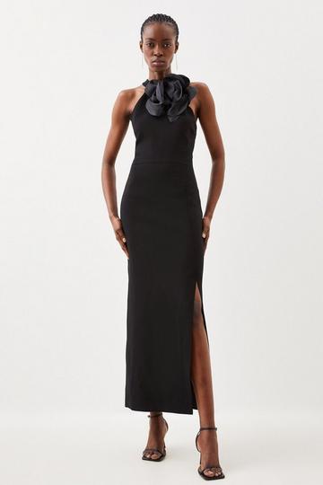 Black Compact Viscose Corsage Detail Tailored Halterneck Midaxi Dress