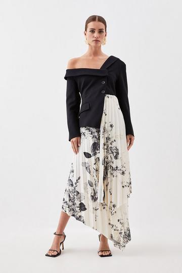 Black Petite Lightweight Crepe Asymmetric Printed Skirt Midi Dress